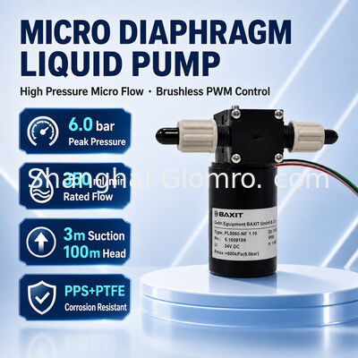 Бесщеточный мембранный насос BAXIT PL8060-NF1.10 12V/24V с ШИМ-регулировкой скорости, устойчивый к кислотам/щелочам из ПТФЭ, высокое давление 6 бар